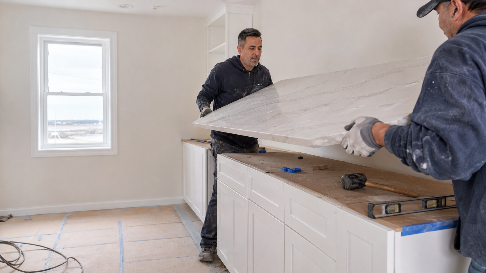 Installers setting a fabricated stone countertop onto new cabinets in a South Amboy, NJ kitchen